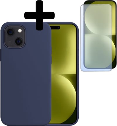 Hoesje - Met Screenprotector - Geschikt voor Apple iPhone 15 - Sterk & Shockproof - Back Cover - Siliconen Case - Telefoon Hoes - Telefoonhoesjes - Donkerblauw