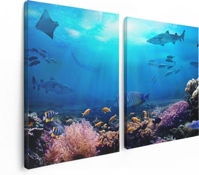 Artaza Canvas Schilderij Tweeluik Vissen met Haaien in de Oceaan met Koraalrif - 120x80 - Foto Op Canvas - Canvas Print