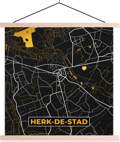 Posterhanger incl. Poster 40x40 cm - Schoolplaat - Herk-De-Stad - Plattegrond - Gold - Kaart - Stadskaart - Textielposter - Blanke latten - Stadskaart