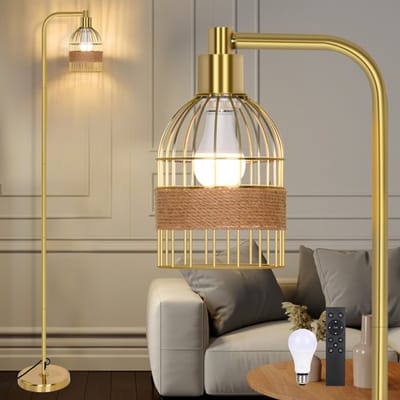 MUPOO Industriële Vloerlamp Goud - Dimbare Staande Lamp 9W & H 168cm met LED Lamp en Voetschakelaar - Hoge Minimalistische Sfeerlamp met Rotan Kap voor Woonkamer, Slaapkamer, Kantoor