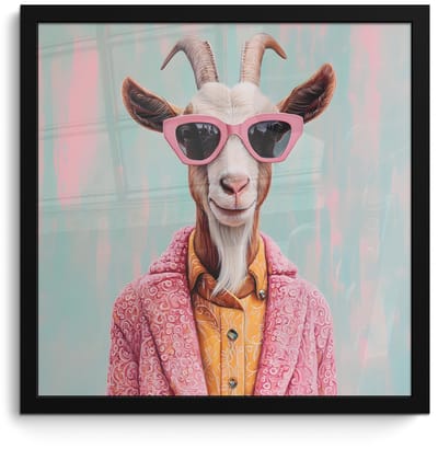 Poster in lijst - Fotolijst 40x40 cm - Posters - Zonnebril - Roze - Geit - Horen - Posterlijst zwart - Decoratie - Wanddecoratie woonkamer - Muurdecoratie slaapkamer