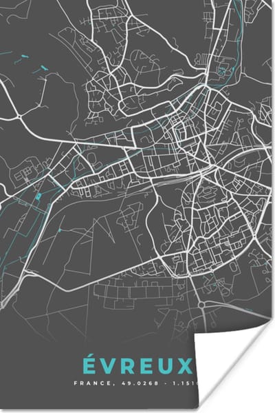 Poster Évreux - Plattegrond - Kaart - Stadskaart - Frankrijk - 120x180 cm XXL