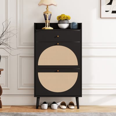 Clruro Schoenenkast - 60 cm - 2 Deuren en 1 Lade - Rotan Look met Dubbele Plank - Houtmateriaal - Zwart