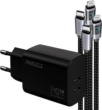 Phreeze usb C oplader 40 W - Geschikt voor iPhone 14 13 12 11 X XR XS Max Pro Mini Plus en iPad met Lightning kabel - Dubbele usb C oplader - Met 2 kabels 1m