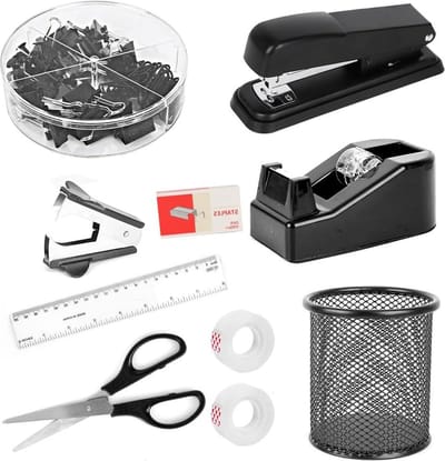 Kantoorbenodigdheden & bureauaccessoires set - zwarte complete werkplek-organizerkit met grote nietmachine-plakbanddispenser