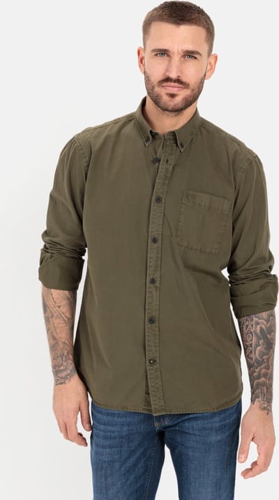 camel active Overhemd met lange mouwen van zuiver katoen - Maat menswear-S - Olijf Bruin