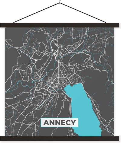 Posterhanger incl. Poster 60x60 cm - Schoolplaat - Plattegrond - Annecy - Kaart - Stadskaart - Frankrijk - Textielposter - Zwarte latten - Stadskaart
