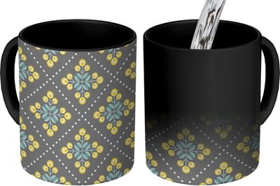 Magische Mok - Foto op Warmte Mokken - Koffiemok - Design - Ruit - Bloemen - Grijs - Magic Mok - Beker - 350 ML - Theemok