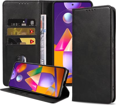 Smartphonica Telefoonhoesje geschikt voor Samsung Galaxy M31s kunstleren Hoesje met Magnetische sluiting en Pasjeshouders Book Case met Klepje - Zwart geschikt voor Samsung Galaxy M31s