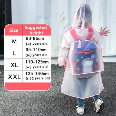 Poncho de Pluie Transparent en EVA pour Enfants Filles Protection Intégrale Imperméable Garçons Élèves Maternelle avec Espace pour Cartable M