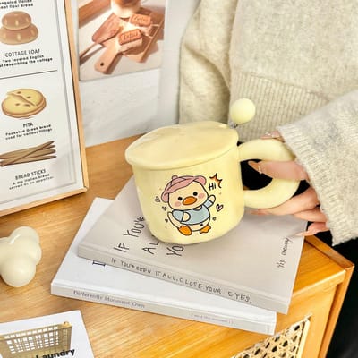Broodbeer Mok met Deksel Lepel Cartoon Schattig Keramische Beker voor Meisjes Huis Grote Capaciteit Hoge waarde Waterbeker 400ml