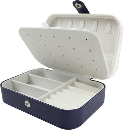 Stijlvolle en compacte reisjuwelendoos met knoopsluiting - Organisator voor oorbellen, kettingen, ringen en broches (Blauw-Wit)