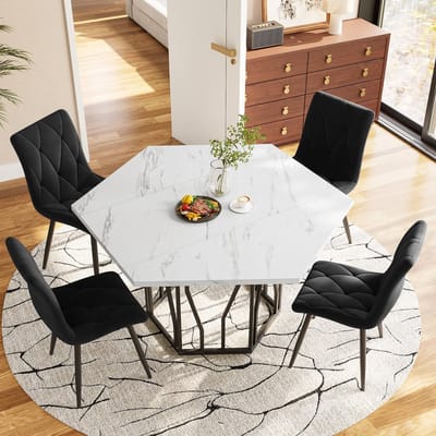 Eettafel en stoelen set - 5-delig - moderne zeshoekige eettafel - wit tafelblad en zwarte tafelpoten - 4 zwarte eetkamerstoelen