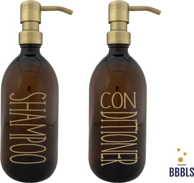 BBBLS® Design Dispenser Giftset "Shampoo Conditioner" | Transparant Kunststof | 500ml | RVS / Metaal Pomp Goud | Zeeppomp | Zeepdispenser | Zeephouder