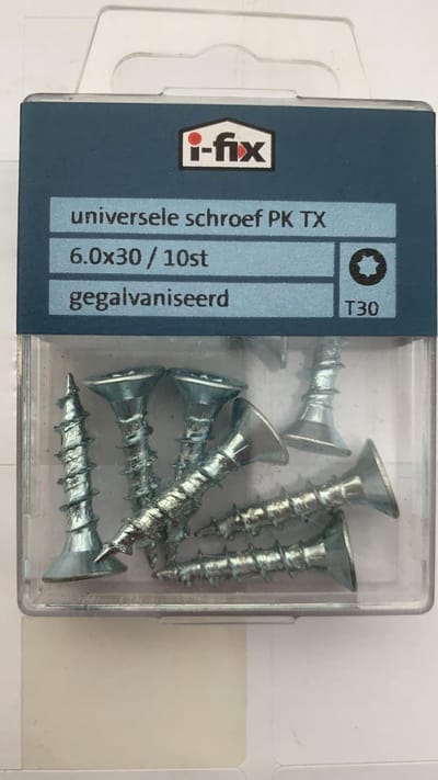 Houtschroef. 6.0mm. Dik x 30mm. Lang. Platkop-Torx-T-30. Verzinkt. 10 stuks Spaanplaatschroeven. Ifix.