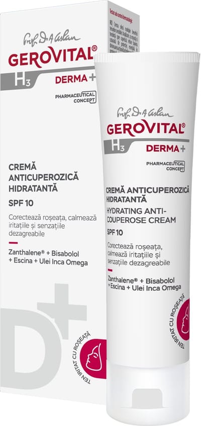 Gerovital H3 Derma+ Hydraterende anti-couperosecrème SPF 10 - Corrigeert roodheid, kalmeert irritaties - Gevoelige huid - 50ml
