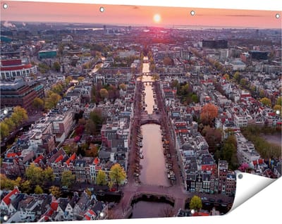 Gards Tuinposter Bovenaanzicht Amsterdam met Zonsondergang - 120x80 cm - Tuindoek - Tuindecoratie - Wanddecoratie buiten - Tuinschilderij