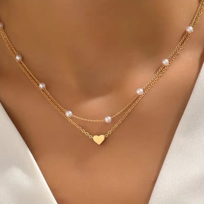 Goudkleurige 2-delige Ketting met Hartje & Parels - Prachtige Dames Collier met Parel Hanger - Pax Amare