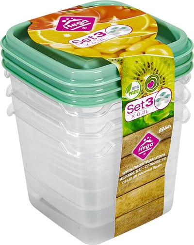 Hega Hogar Vershoudbakjes - set 3x stuks - 0.3 liter - transparant/groen - L8 x B8 x H11 cm - Mealprep - Maaltijden bewaren