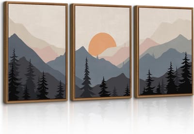 Set van 3 Ingelijste Canvas Schilderijen - Waterverf Berglandschap en Zonsondergang Kunstprints