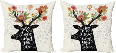 ABAKUHAUS Hipster Decoratieve Kussenhoez Set van 2, Tekst, Hert, Eland, Bloem 60x60 cm, Wit, Zwart, Rood