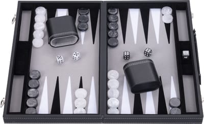 Backgammon 15 inch - Zwart, Wit & Grijs Ingelegd Bord - Kunstlederen Koffer met Handvat - Engelhart