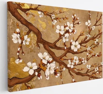 Saammp Canvas Schilderij - Witte bloessem aan tak - Beige - Bloemen - Abstract - 30x20 - Foto op canvas - Wanddecoratie - Muurdecoratie Woonkamer - Kantoor Decoratie