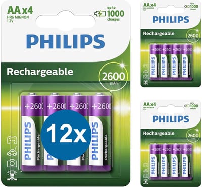 Philips Oplaadbare Batterijen AA - 12 Stuks (3 Blisters a 4 Stuks) - NiMH Batterijen HR6 - 2600 mAh