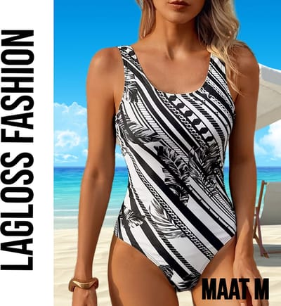 LaGloss® Minimalistisch Dames Zwart Wit Badpak met Palmblad Print - Vierkante Hals Zwart Wit Gestreept - Open Rug – Maat M