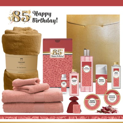 Geschenkset “85 Jaar Happy Birthday!” - 13 producten - 1980 gram | Cadeau Verjaardag - Luxe wellness cadeaubox - Giftset Speciaal voor Haar - Gefeliciteerd - Verjaardag - Cadeaupakket - Gift Set Party - Verjaardagscadeau Goud - Rood