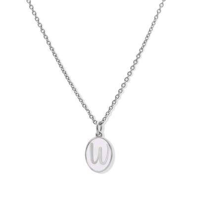 New Bling 9LA-20059-W Zilveren Ketting met Letterhangertje - W - Ovaal - 12x8,8mm - Emaille - Lila - Initiaal sieraad - Rhodium - Zilver