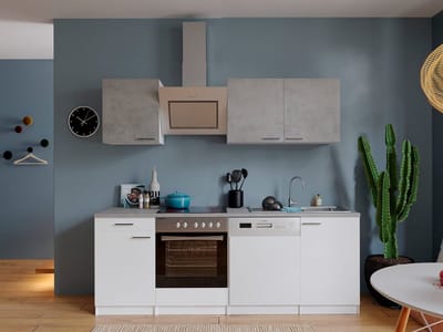 Goedkope keuken 220 cm - complete keuken met apparatuur Malia - Wit/Beton - soft close - keramische kookplaat - vaatwasser - afzuigkap - oven - spoelbak