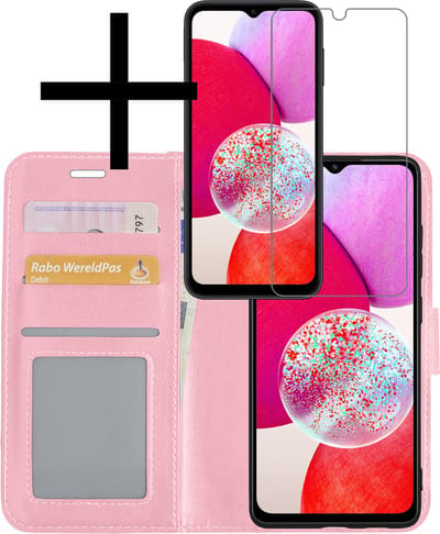 Hoesje - Met Screenprotector - Geschikt voor Samsung Galaxy A14 - Luxe Pasjeshouder - Bookcase Portemonee - Flip Case - Kunstleer Book Case - Flipcase - Book Cover - Walletcase - Portemonneehoes - Lichtroze