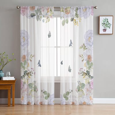 Aquarel Vlinder Bloem Plant Wit Transparant Raamgordijn Tule Gordijnen voor Woonkamer Slaapkamer Hotel Huisdecoratie Voile Gordijnen 135W x 114H(cm) gray