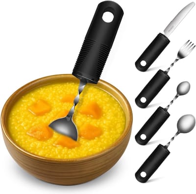 Fork Curved Spoon Knife Set voor Zelfvoeding - 4 Stuks Adaptieve Bestek voor Ouderen, Ergonomisch en Handig Tableware