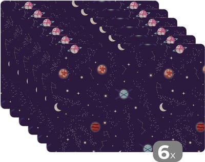 Placemat - Placemats kunststof - Planeten - Sterren - Patronen - 45x30 cm - 6 stuks - Hittebestendig - Anti-Slip - Onderlegger - Afneembaar