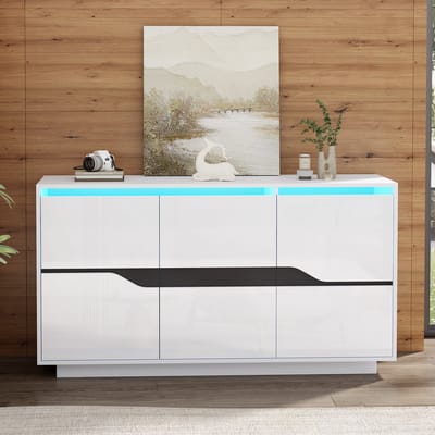 Sideboard - 140x40x70 cm wit/zwart - hoogglans & LED app - verstelbare planken - griffloze deuren
