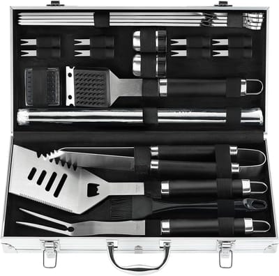 Famanu 21PCS Grillbestek Gift Set voor mannen vrouwen - Roestvrij staal Grillbestek-Set met BBQ Grill Matten - Outdoor Barbecue Grillgereedschap Set met Opbergkoffer voor Camping Set voor Papa Mannen