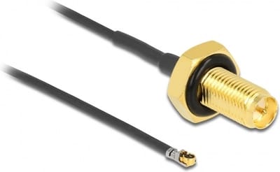 MHF 4L LK (v) - RP-SMA (v) kabel met afdichtring - Micro Coax (1,37 mm) - 50 Ohm / zwart - 0,10 meter