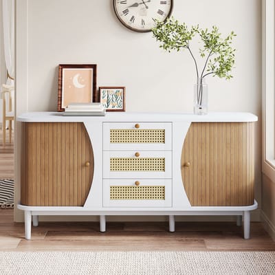Sweiko Dressoir - Houtnerf - 3 rieten lades - Schuifdeuren - Verstelbare planken - Wit + Natuurlijke