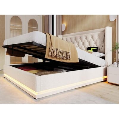 ModernLuxe Gewatteerd opbergbed 140 x 200 cm in katoenen stof - met oplaadfunctie en LED aan het voeteneinde - Beige