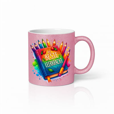 Beste Leerkracht Mok 330ml – Roze Glitter Koffiemok met Kleurrijk Potloodontwerp – Perfect Bedankcadeau voor Leerkrachten