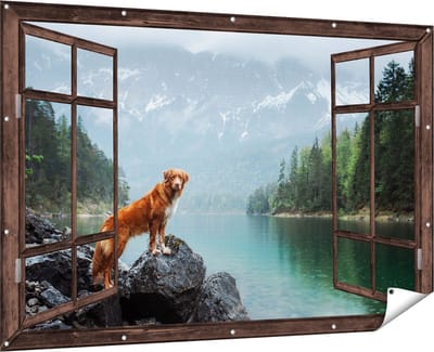 Gards Tuinposter Doorkijk Retriever Hond bij het Water in de Bergen - 180x120 cm - Tuindoek - Tuindecoratie - Wanddecoratie buiten - Tuinschilderij