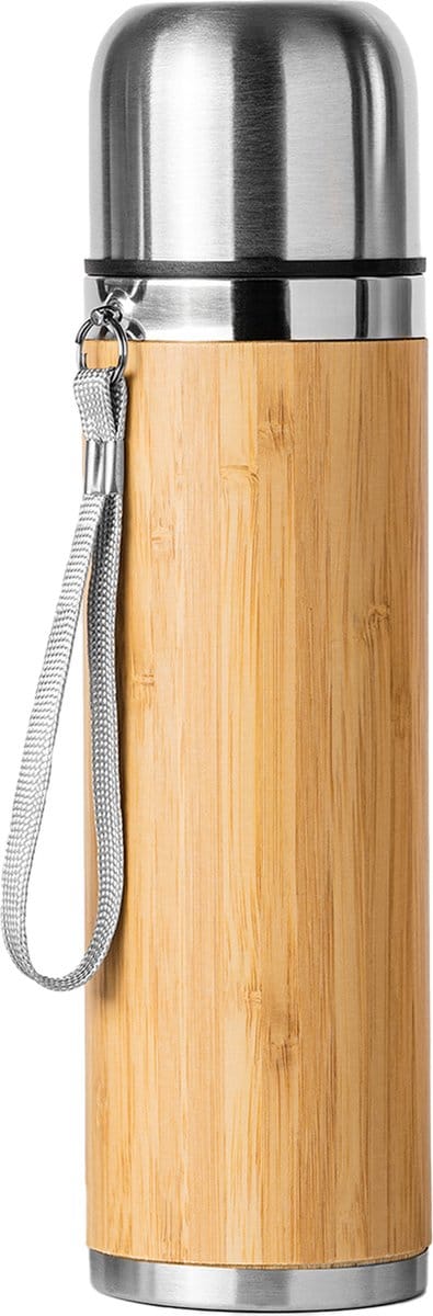 Bamboe thermosfles met RVS (drink)dop en RVS binnenkant dubbelwandig met 420ml, incl draagriem model Fengi
