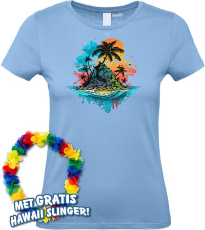 Dames t-shirt Palmboom Eiland | Toppers in Concert 2024 | Club Tropicana | Hawaii Shirt | Ibiza Kleding | Lichtblauw Dames | maat XS