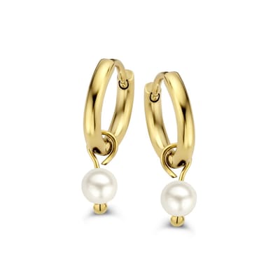 CO88 Collection 8CE-70524 Stalen Oorringen met Hangertje - Parel - 4mm - Oorringen 12mm - Goudkleurig