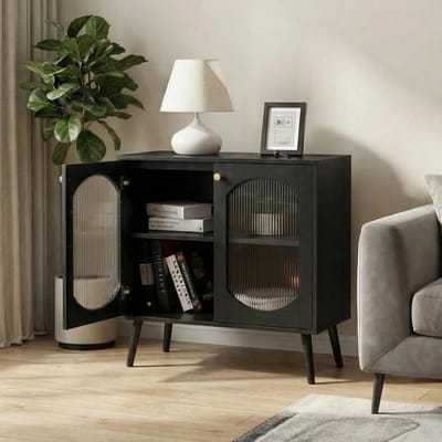 Dressoir met 2 Glazen Deuren - Opbergkast van Massief Hout en Glas - Buffetkast voor Zwart, Keuken en Hal - 80x39x80.5 cm