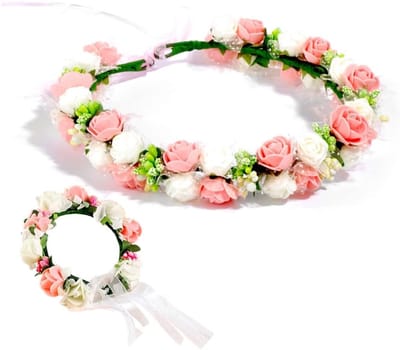 Bloemkrans Hoofdband met Kunstbloemen voor Bruiden - Elegante Haaraccessoire voor Trouwen, Feest en Strand in Wit en Roze