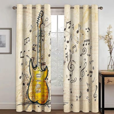 Rockmuziekgordijnen voor slaapkamer, woonkamer, tienerjongens, elektronisch muziekinstrument, gordijn, gitaar, drum, luidspreker, raamgordijnen W50xH130(CM)x2PCS-Rod pocket