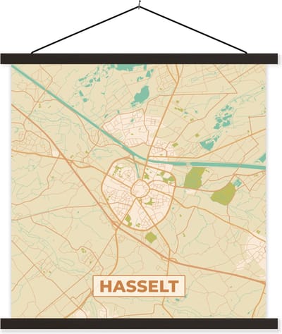 Posterhanger incl. Poster 60x60 cm - Schoolplaat - Plattegrond - Kaart - België - Stadskaart - Hasselt - Textielposter - Zwarte latten - Stadskaart